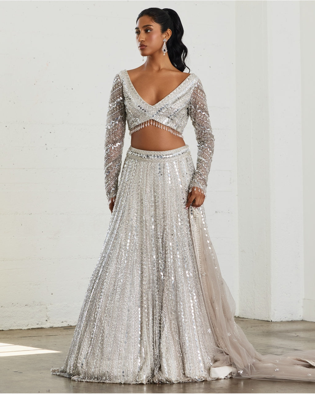 Grey Embellished Mirrorwork Lehenga Set