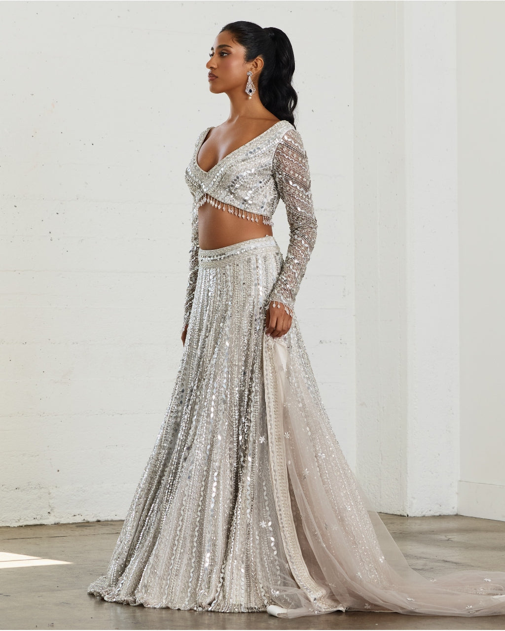 Grey Embellished Mirrorwork Lehenga Set