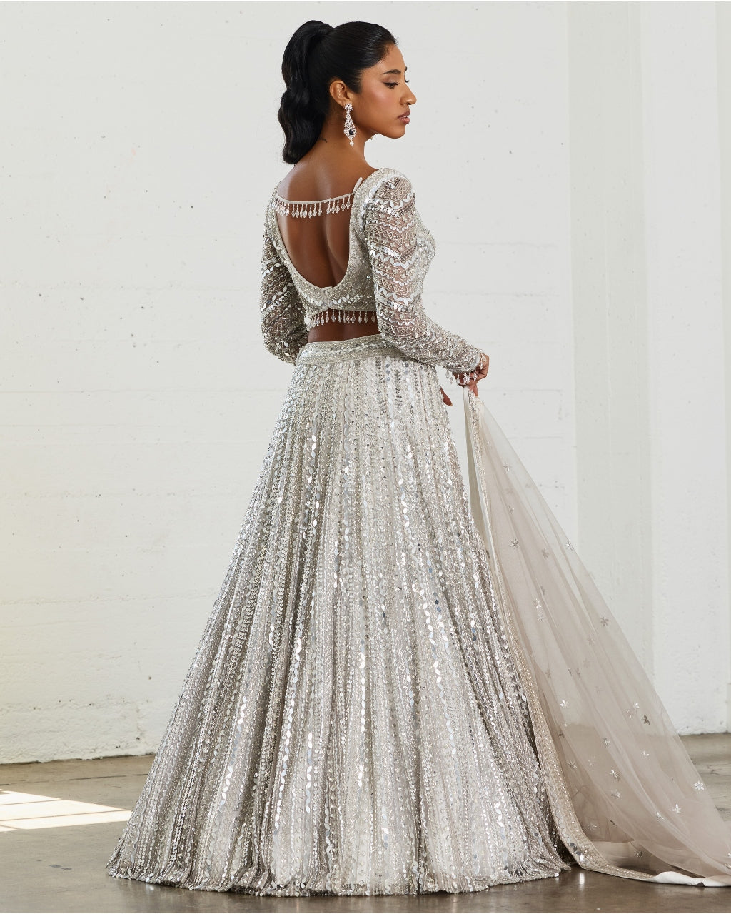 Grey Embellished Mirrorwork Lehenga Set