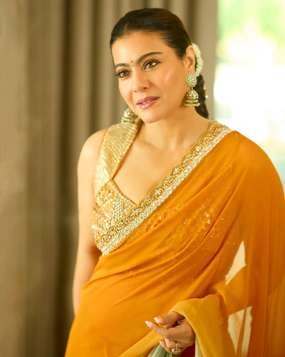 Kajol Devgan in Mustard and Sage Sari Set