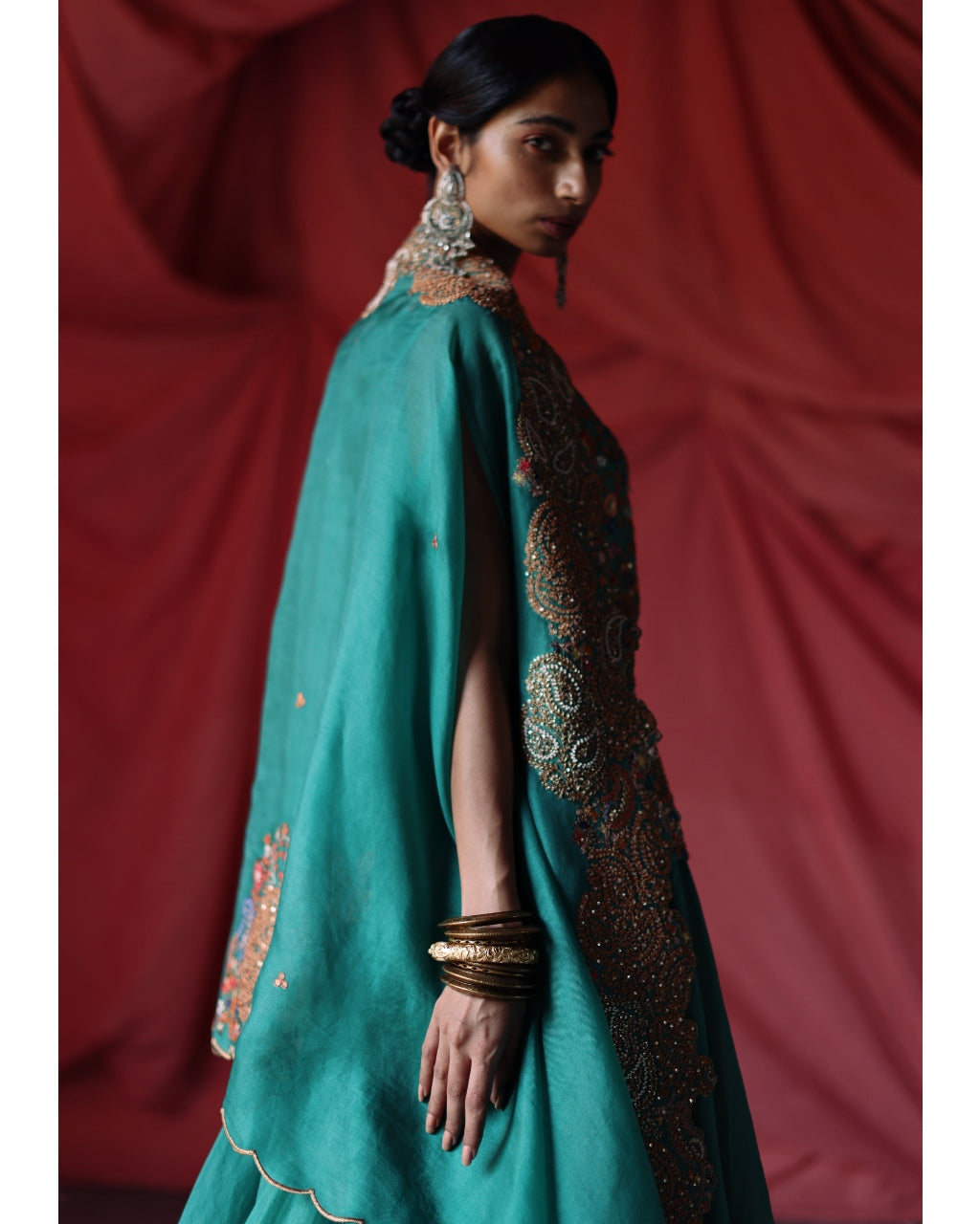 Teal Embroidered Cape & Skirt Set