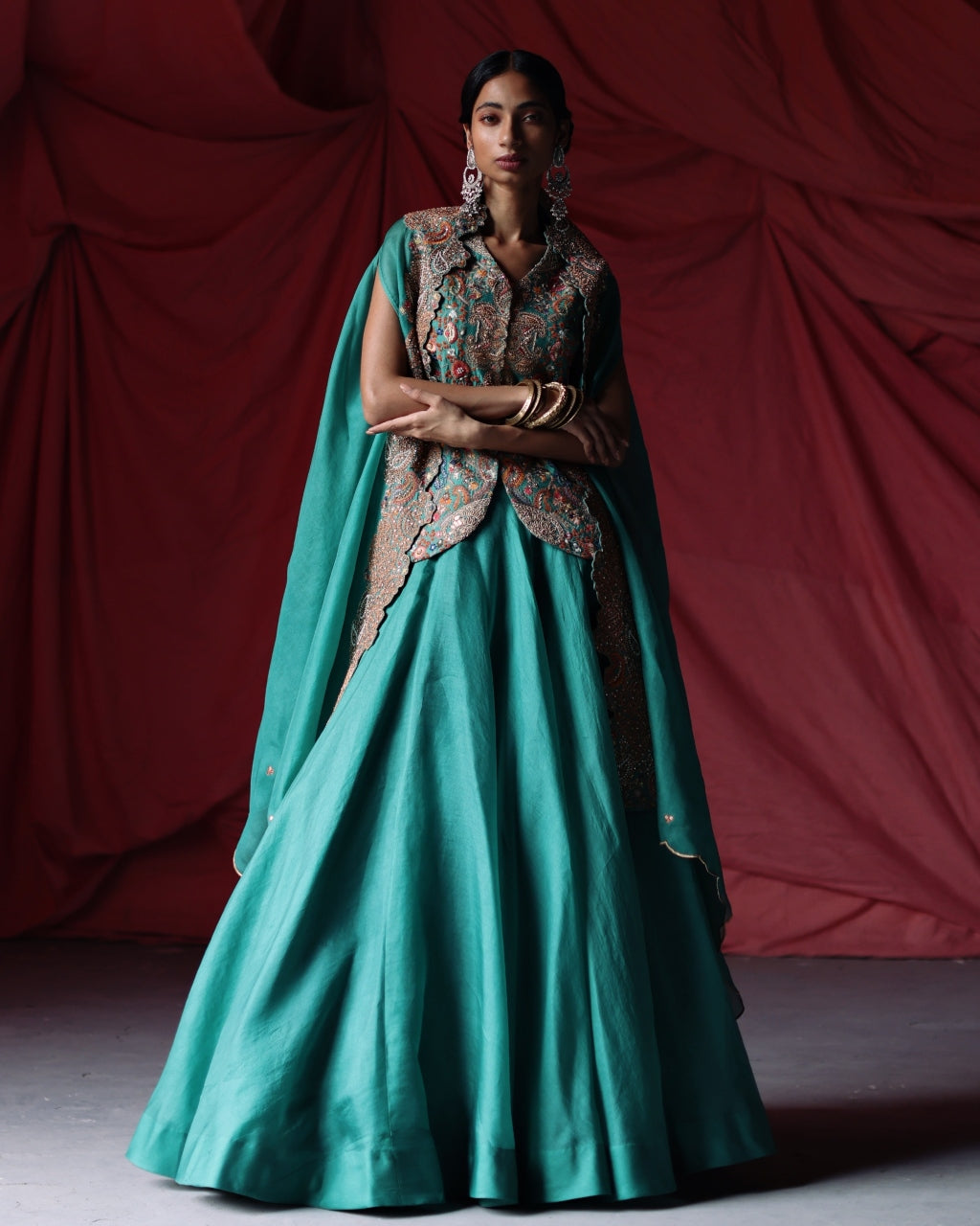 Teal Embroidered Cape & Skirt Set