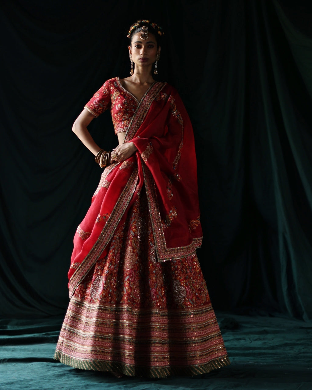 Red Floral Embroidered Lehenga Set