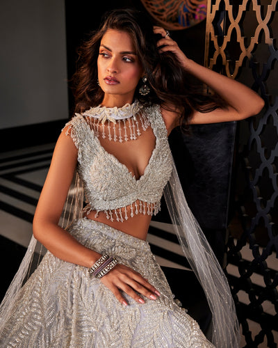 Grey Embroidered Organza Lehenga Set