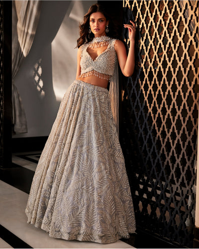 Grey Embroidered Organza Lehenga Set
