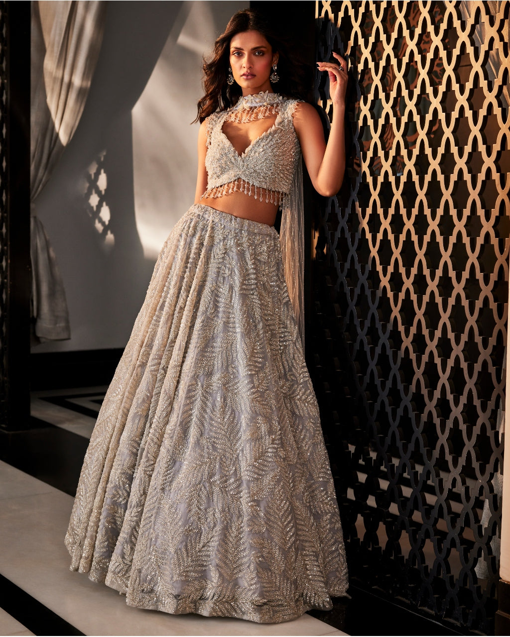 Grey Embroidered Organza Lehenga Set