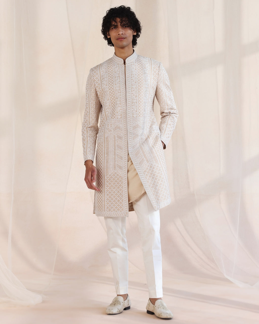 Beige Heavily Embroidered Sherwani Set