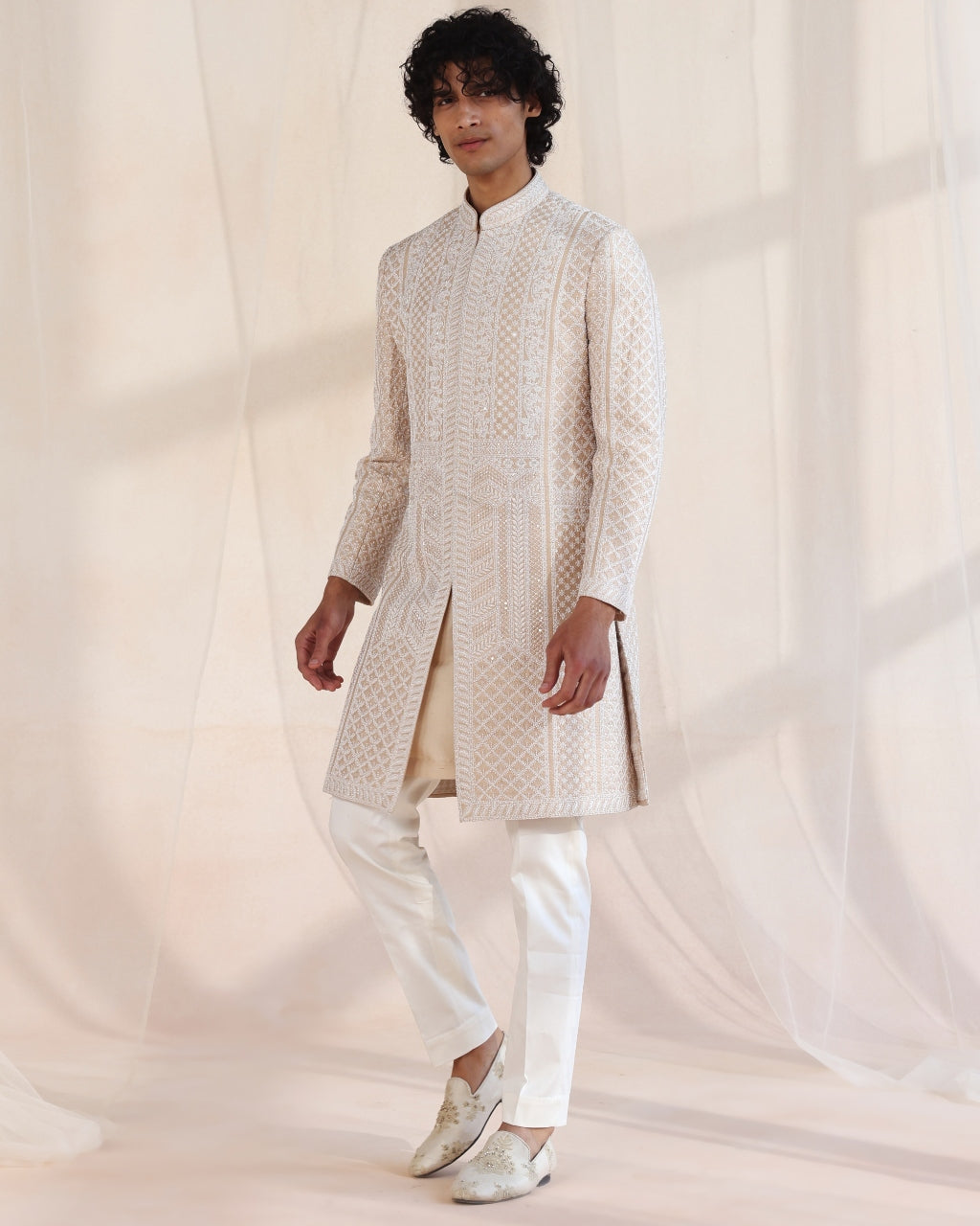 Beige Heavily Embroidered Sherwani Set