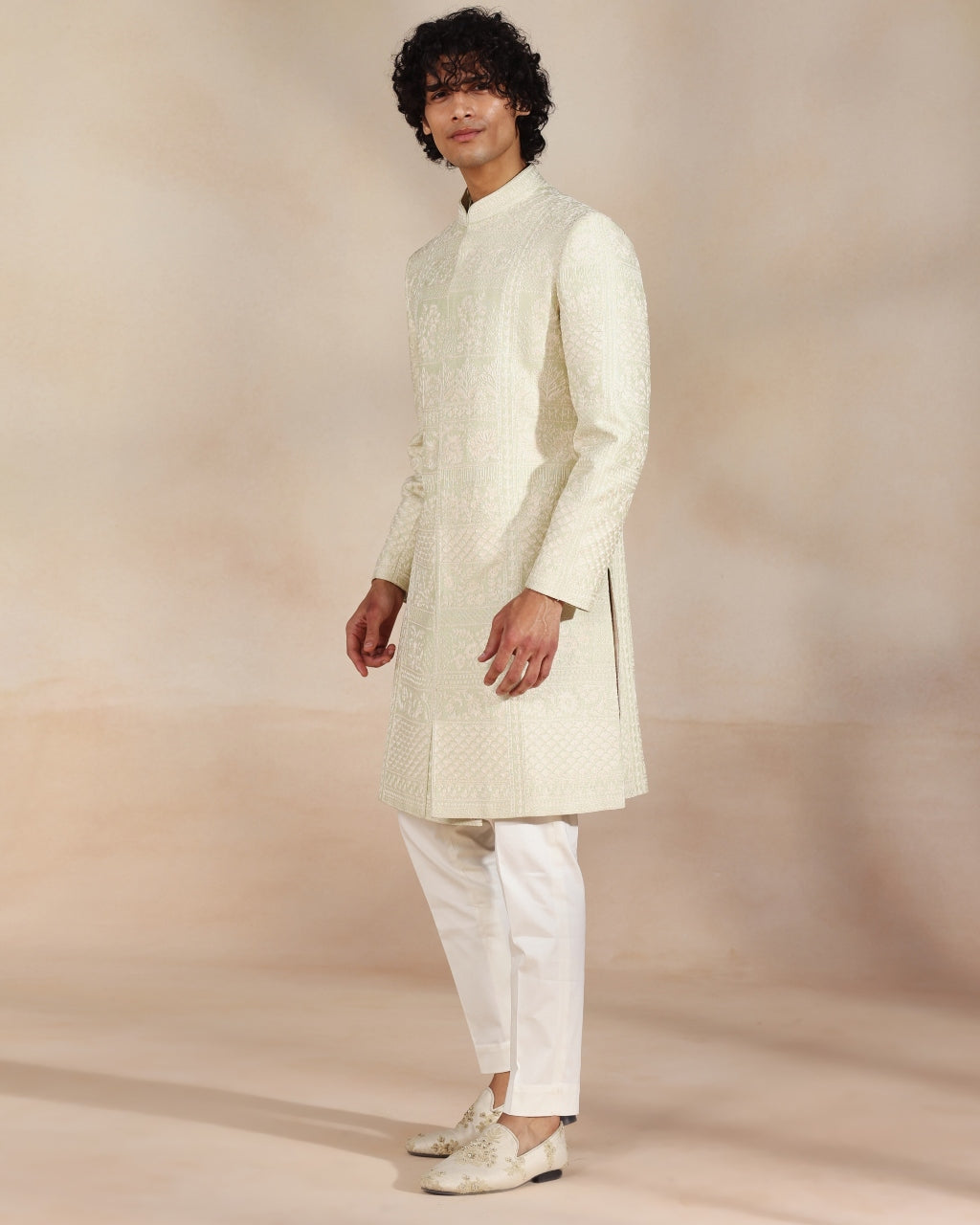 Pastel Green Embroidered Sherwani Set