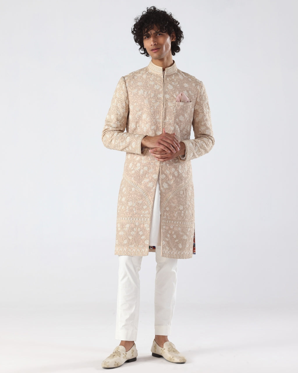 Beige Pink Thread Embroidery Sherwani | Sample Sale