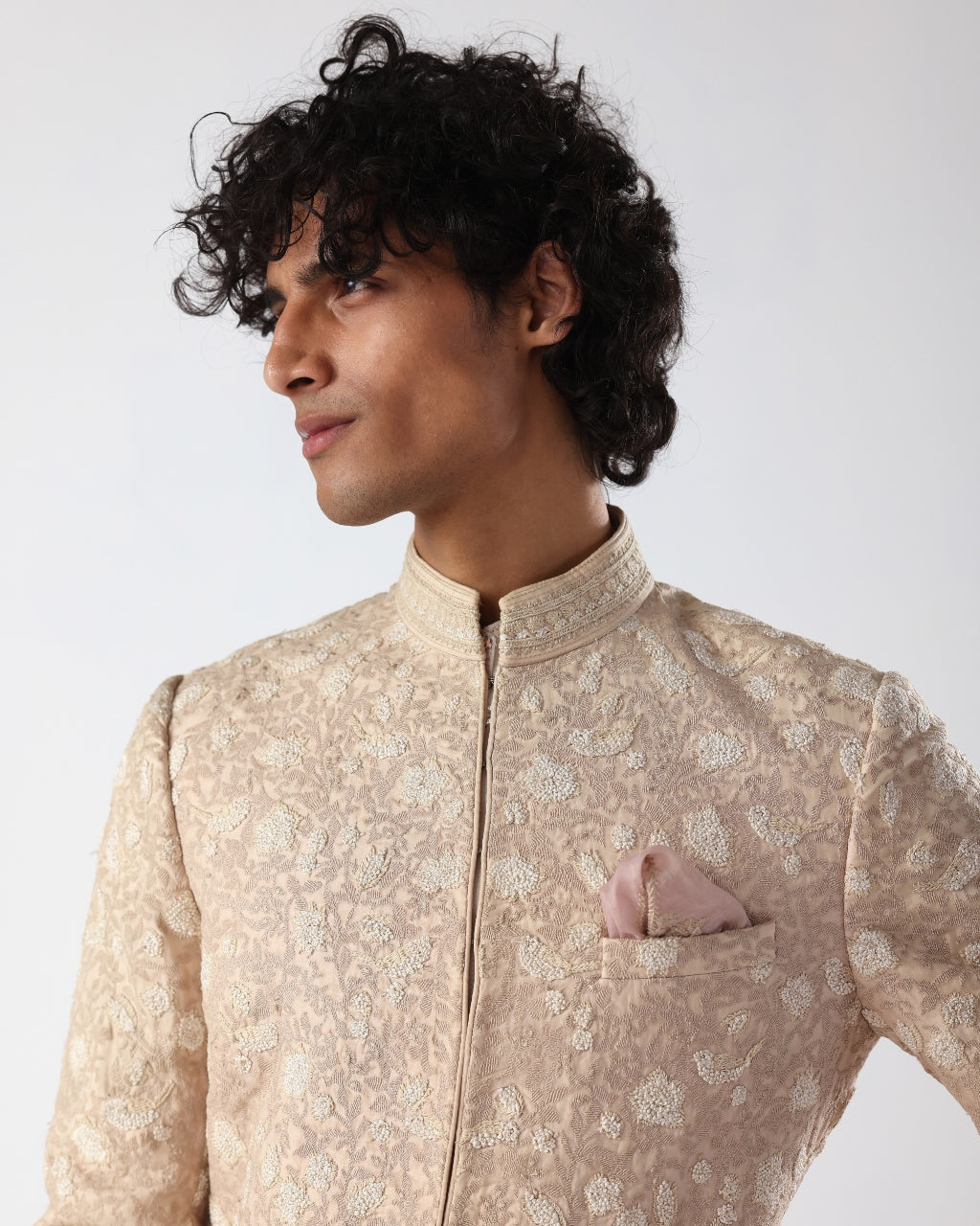 Beige Pink Thread Embroidery Sherwani | Sample Sale