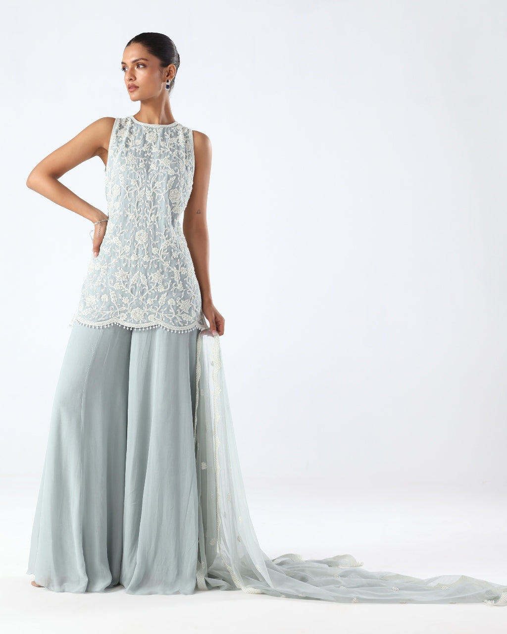 Powder Blue Embroidered Peplum & Sharara Set | Malasa KYNAH Powder Blue Embroidered Peplum & Sharara Set | Malasa KYNAH