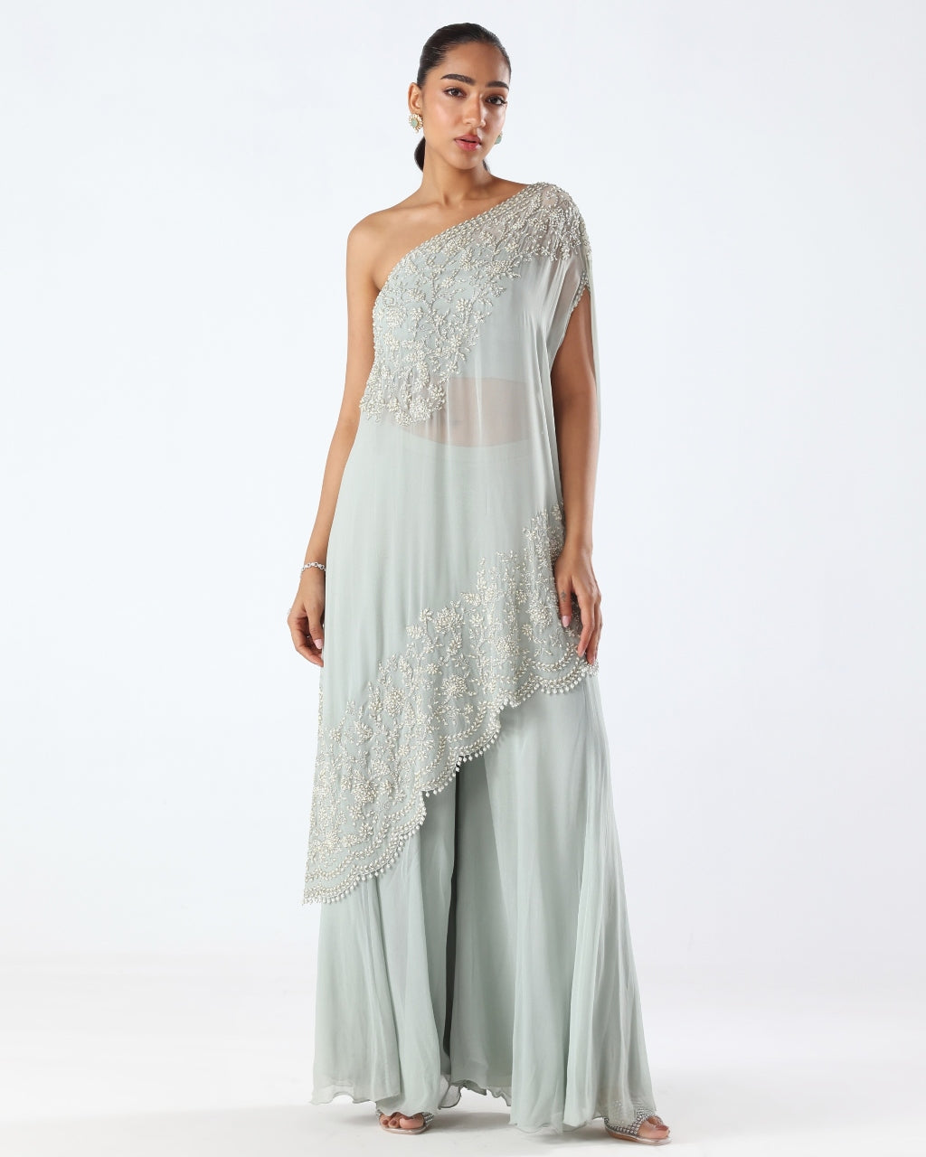 Powder Blue Embroidered One Shoulder Kaftan & Sharara Set