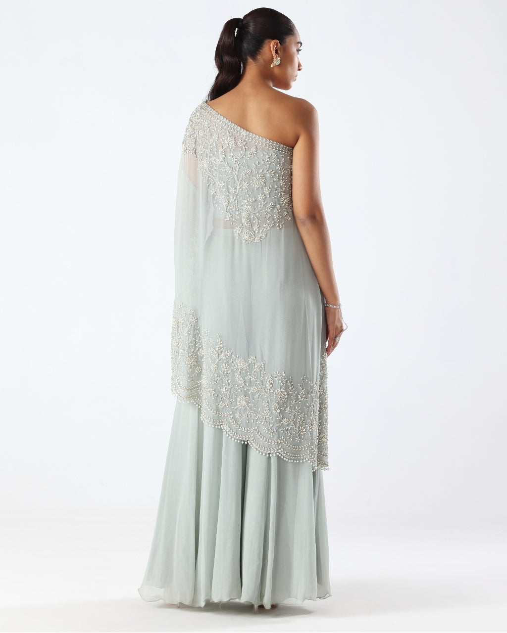 Powder Blue Embroidered One Shoulder Kaftan & Sharara Set