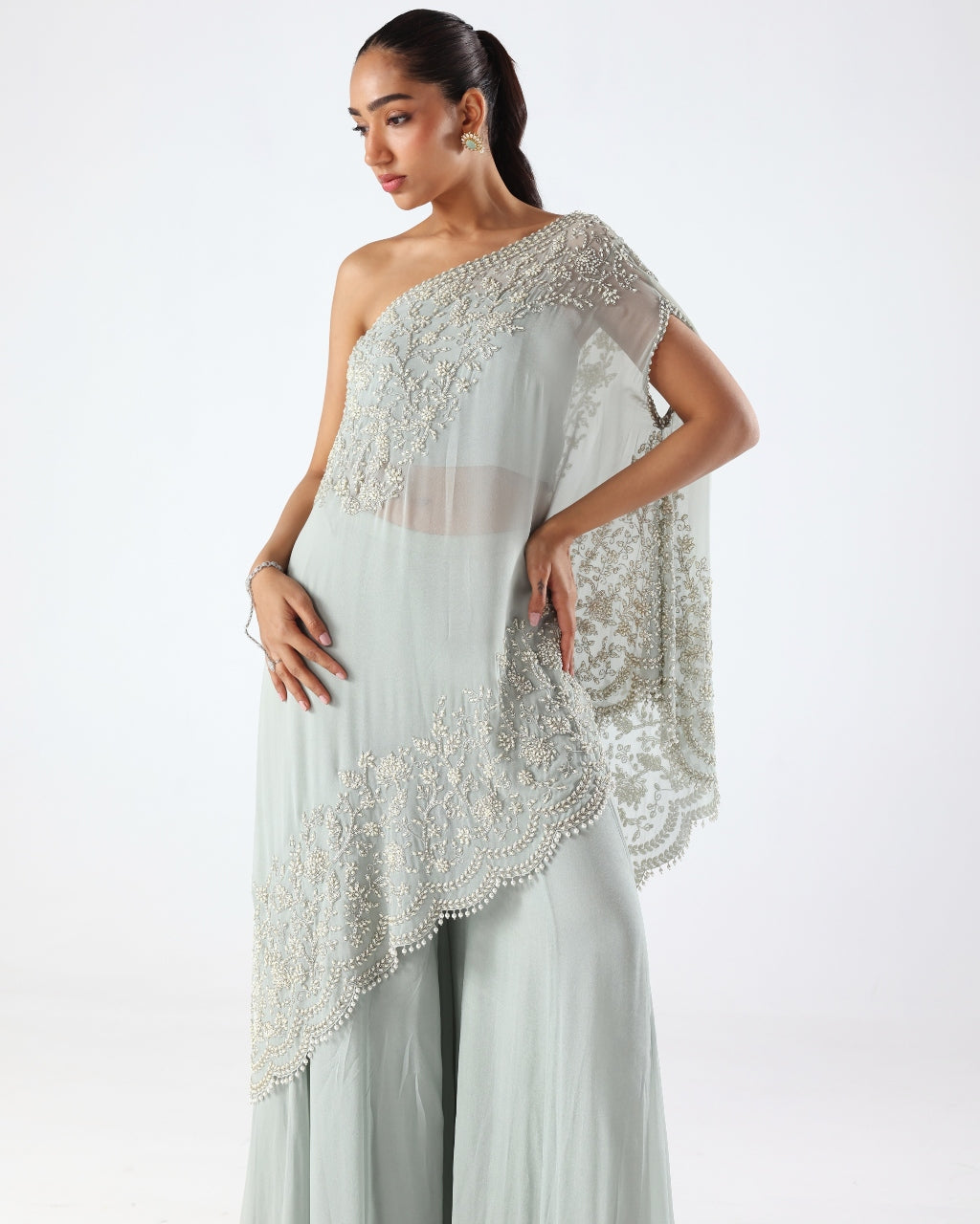 Powder Blue Embroidered One Shoulder Kaftan & Sharara Set