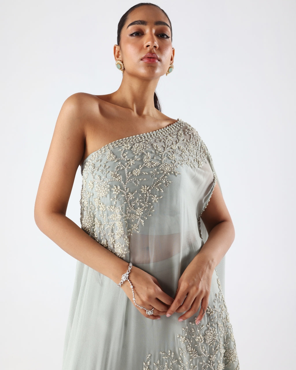 Powder Blue Embroidered One Shoulder Kaftan & Sharara Set