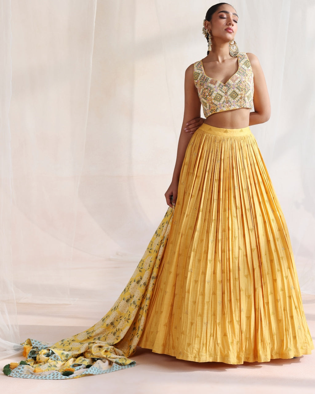 Mustard Embroidered Lehenga With Printed Dupatta Set