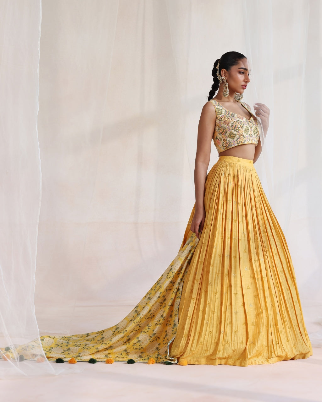 Mustard Embroidered Lehenga With Printed Dupatta Set