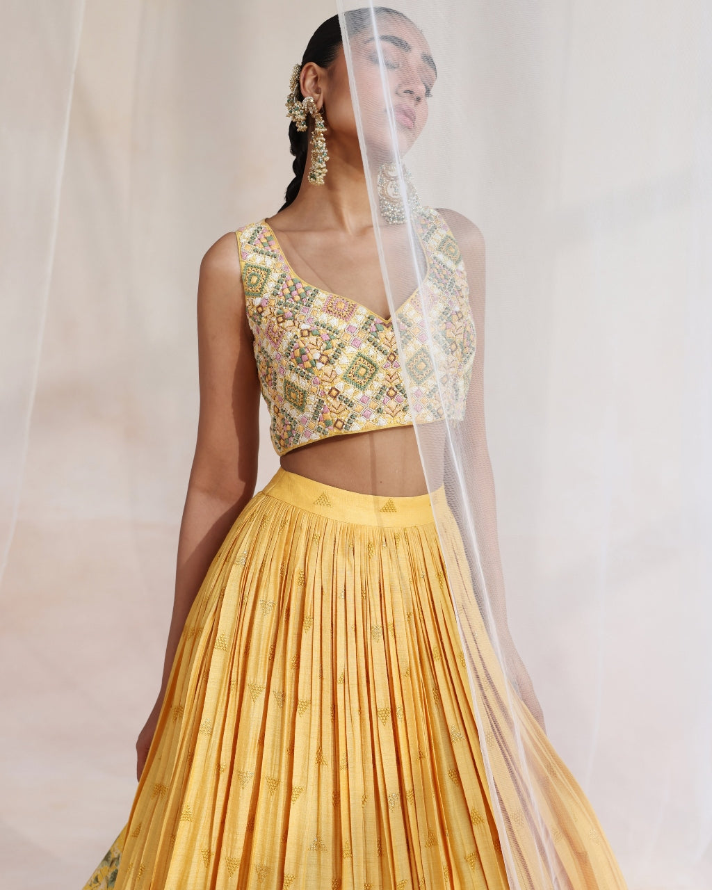 Mustard Embroidered Lehenga With Printed Dupatta Set