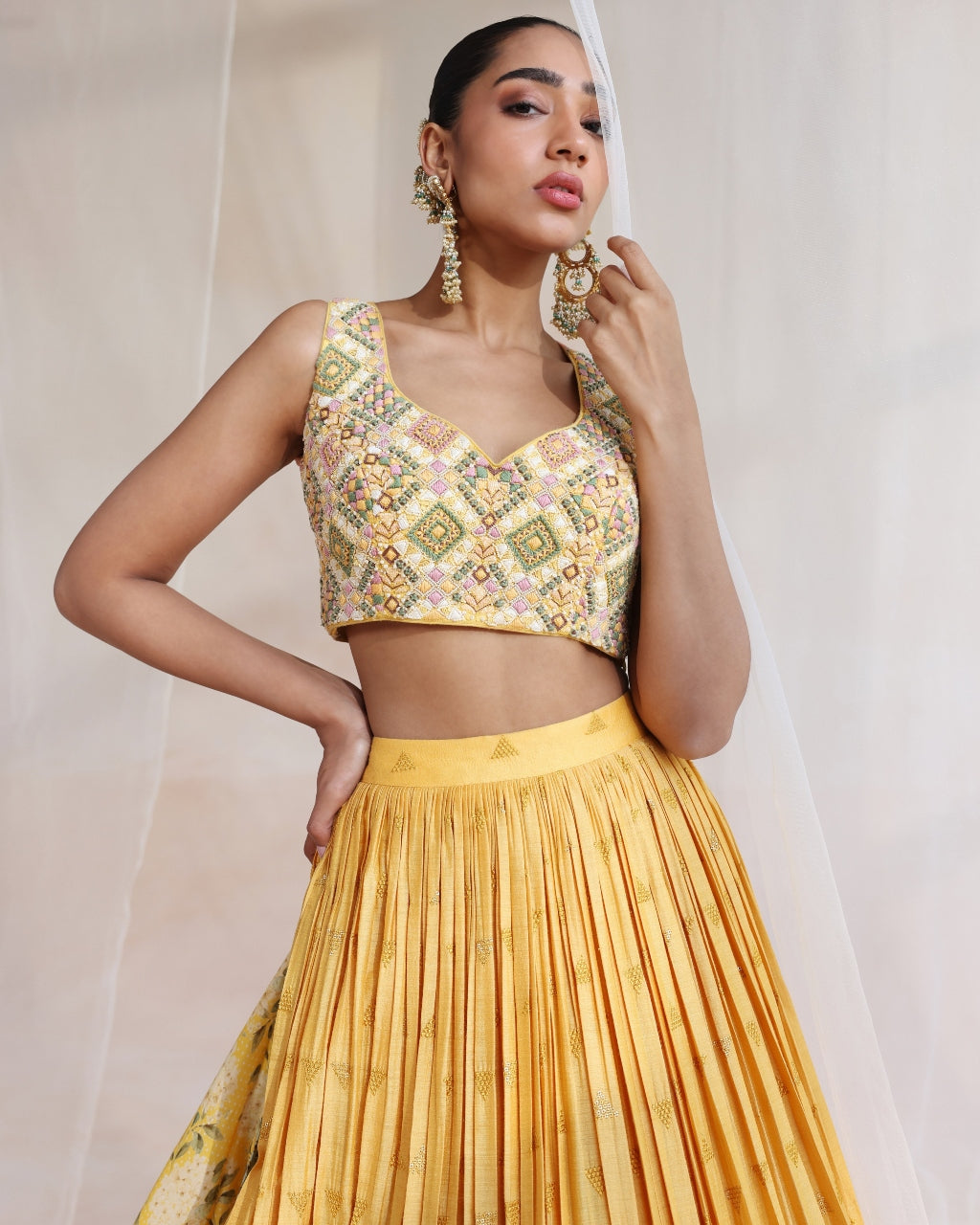 Mustard Embroidered Lehenga With Printed Dupatta Set