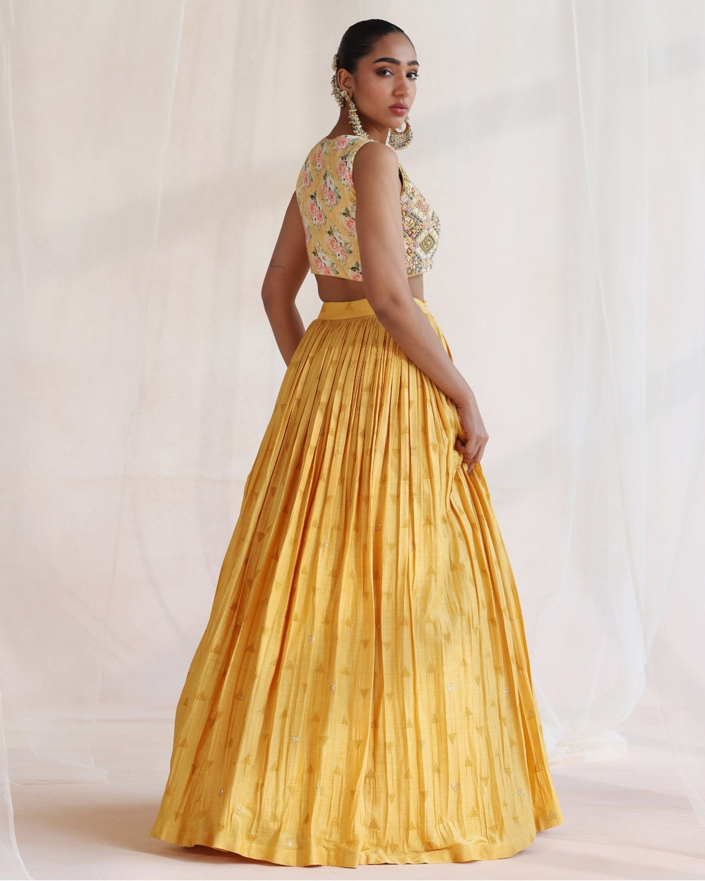 Mustard Embroidered Lehenga With Printed Dupatta Set