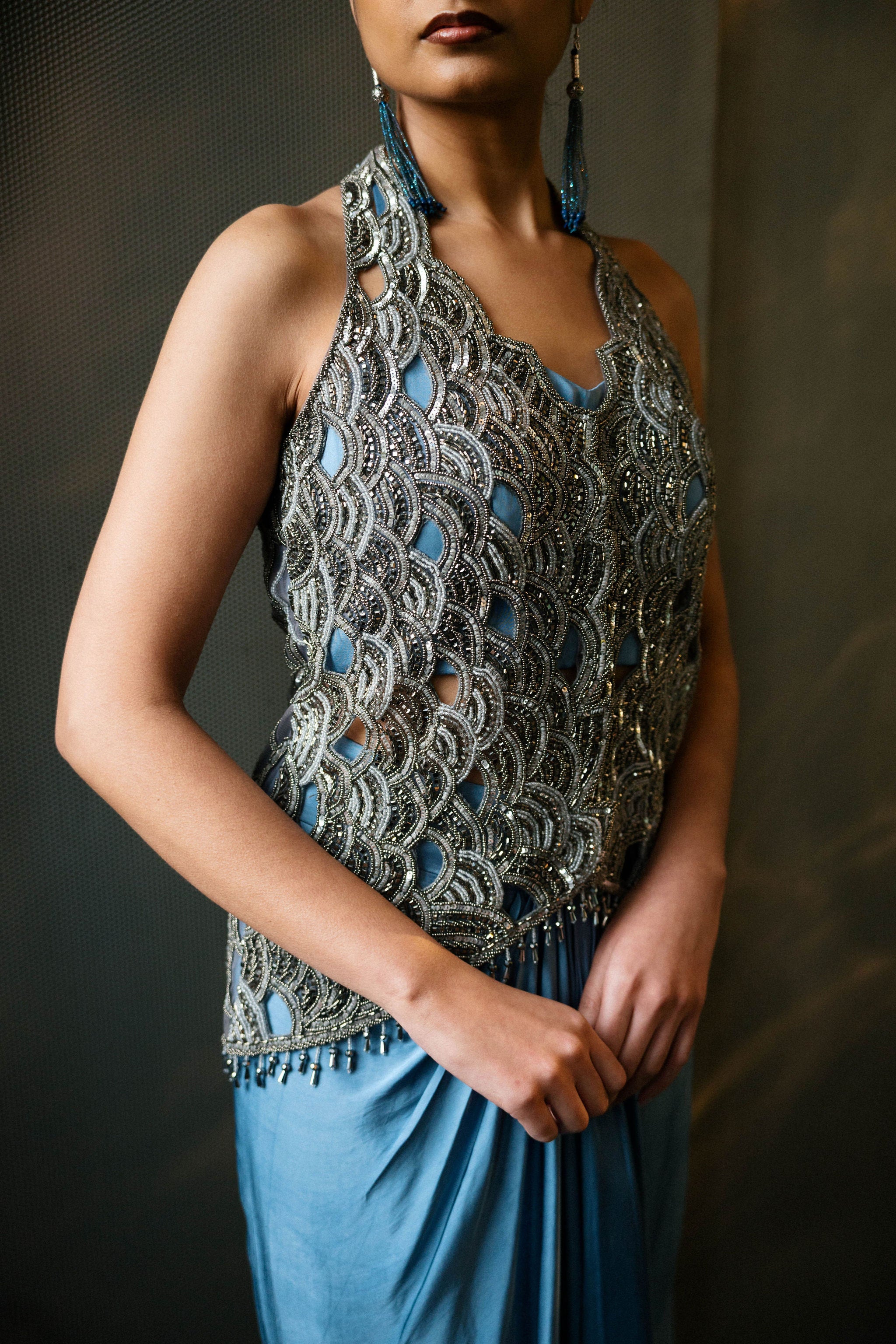 Blue Devi Peplum and Draped Skirt Set