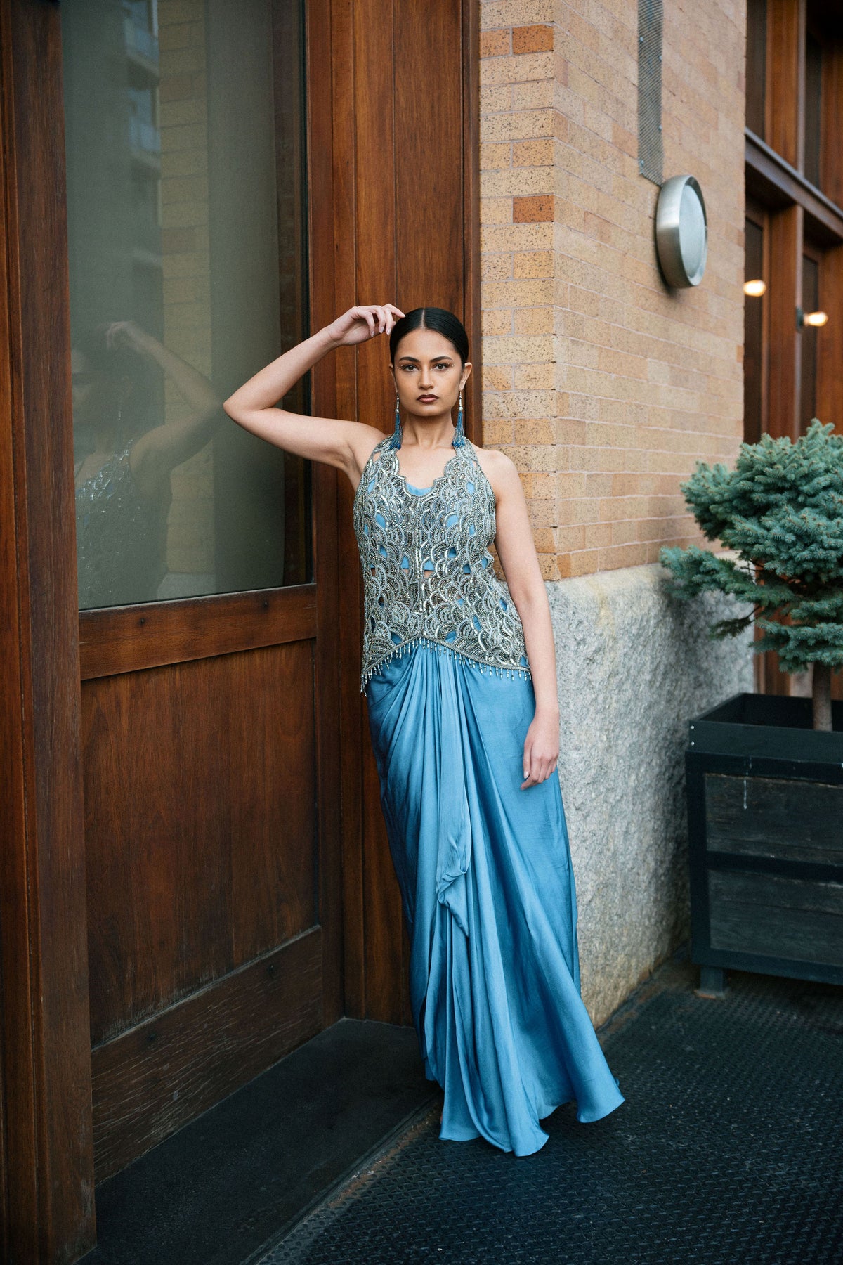 Blue Lily & Shaded Print Shoulder Sari Dress
