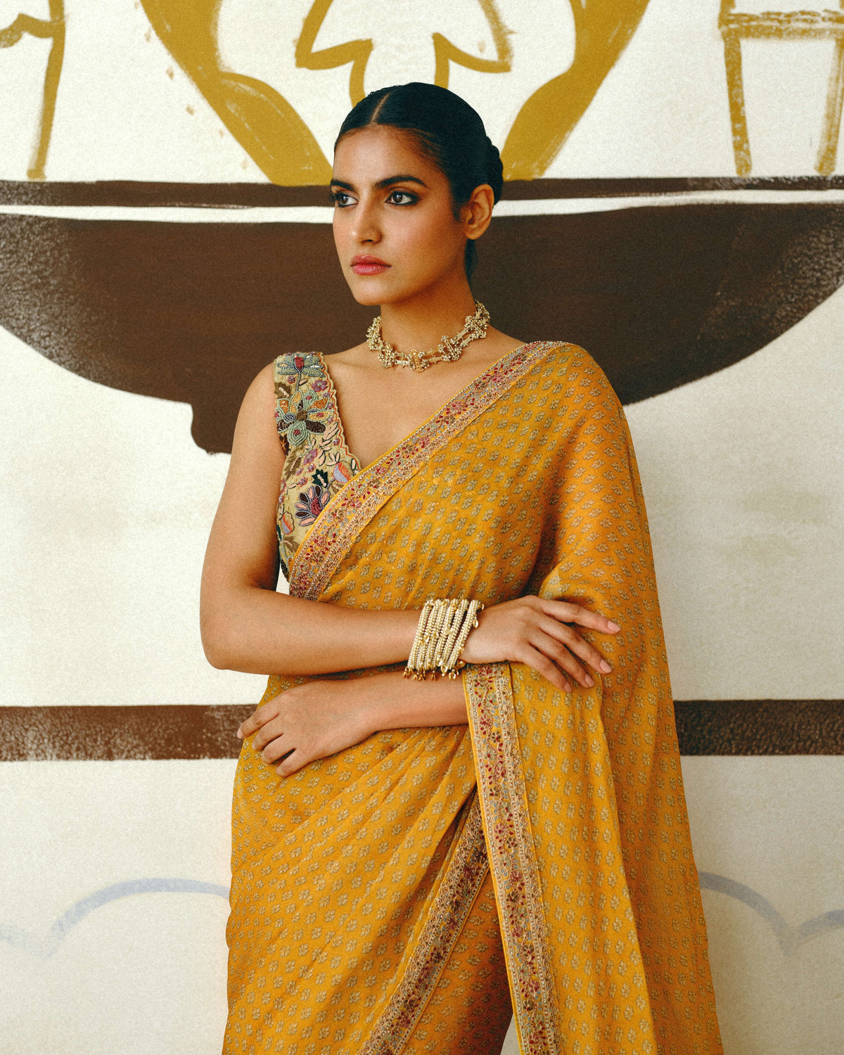 Mustard Kesar Sari Set