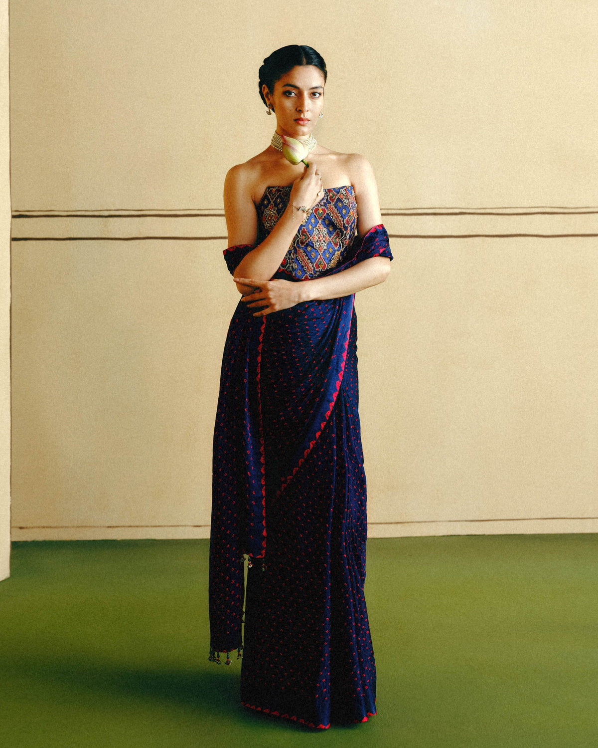 Blue Bandhani Corset Sari Set