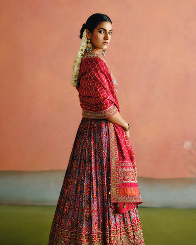 Aqua Blue & Red Patola Anarkali With Dupatta
