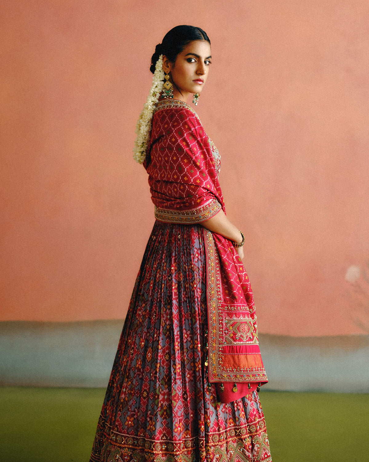 Aqua Blue & Red Patola Anarkali With Dupatta