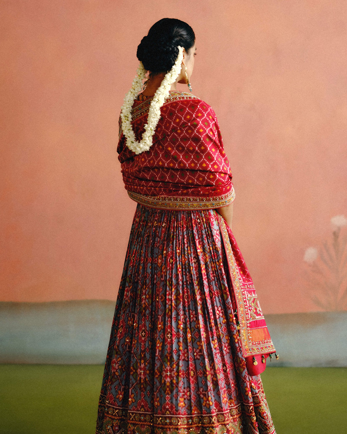 Aqua Blue & Red Patola Anarkali With Dupatta