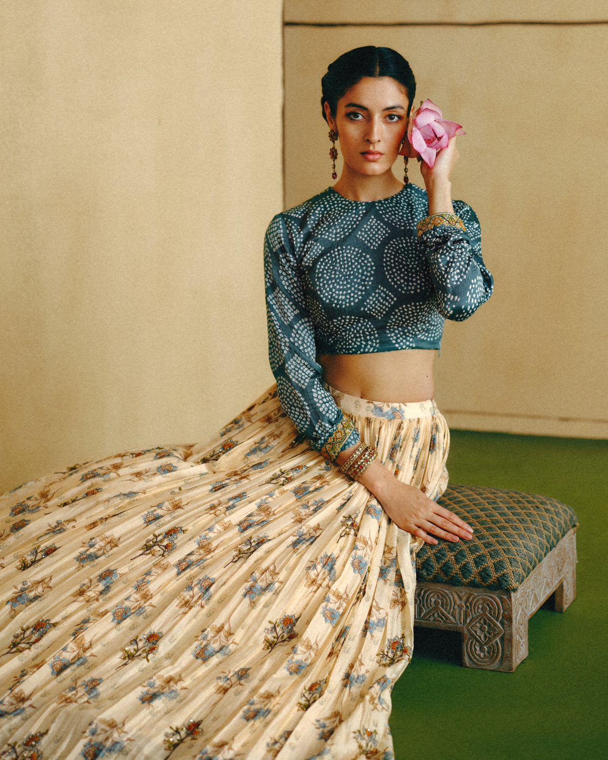 Powder Blue Bandhani Crop Top & Skirt