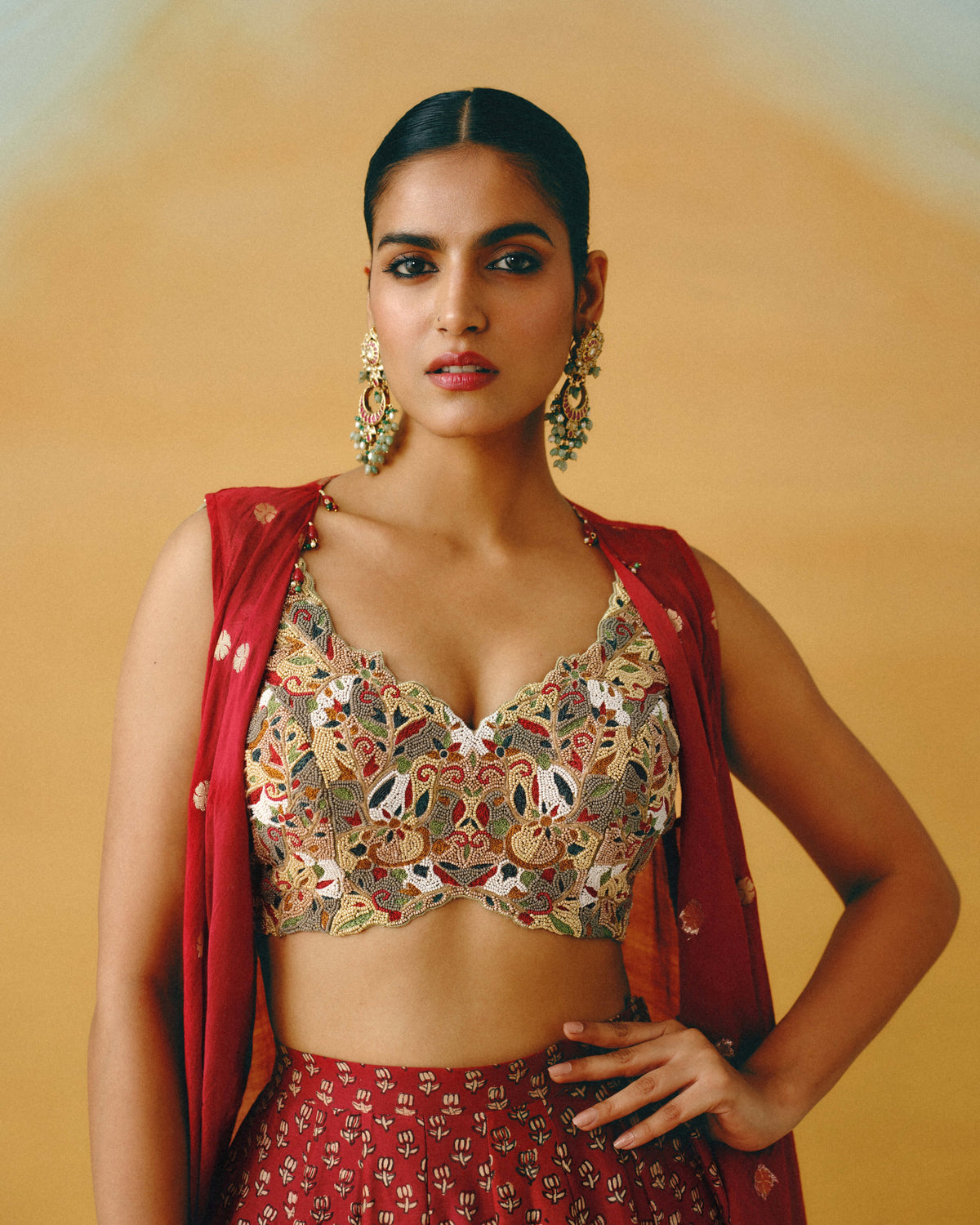 Red Ajrakh Cape & Sharara Set