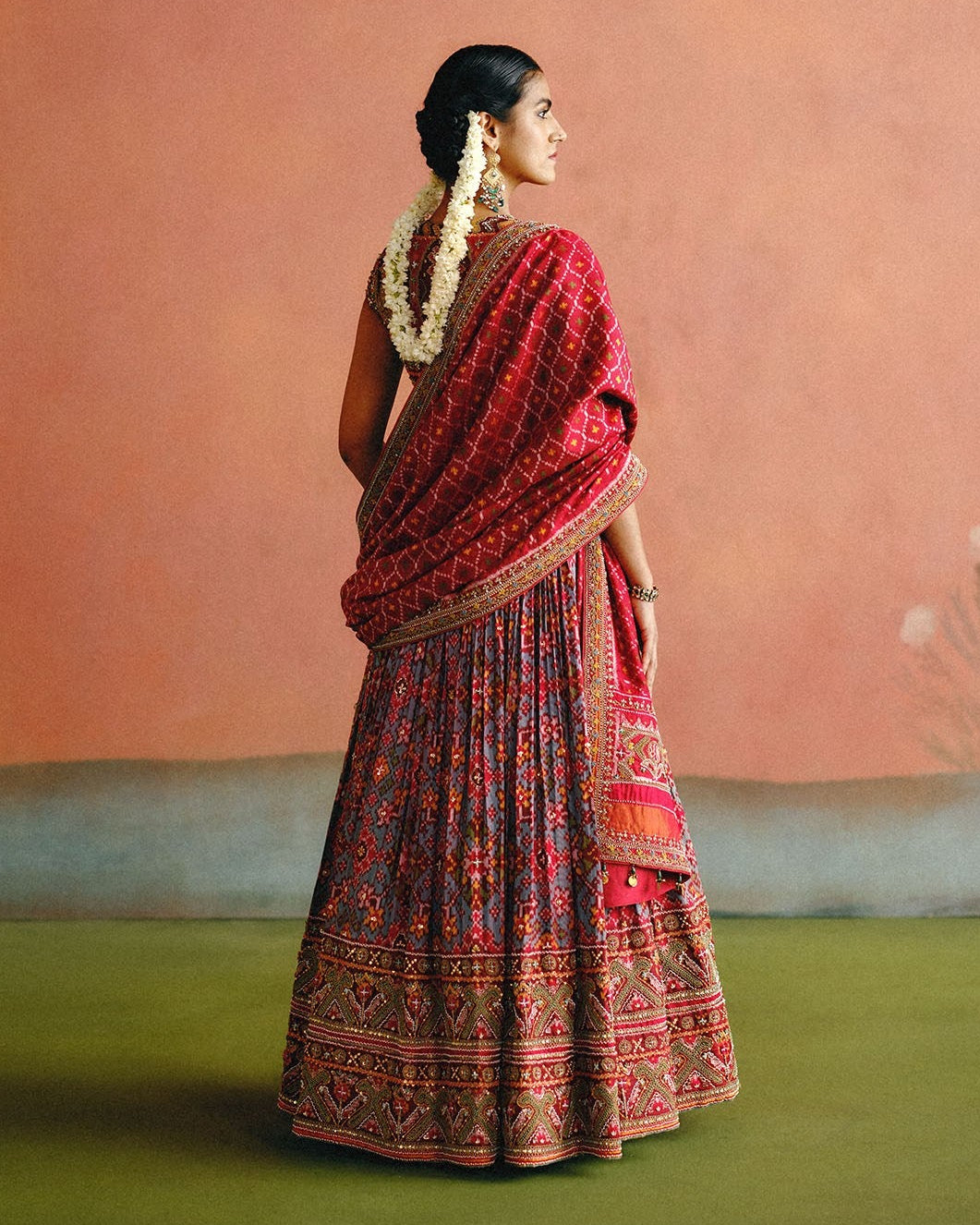 Aqua Blue & Red Patola Anarkali With Dupatta