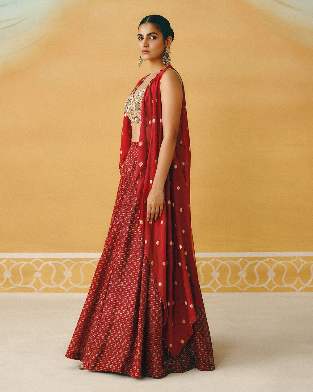 Red Ajrakh Cape & Sharara Set