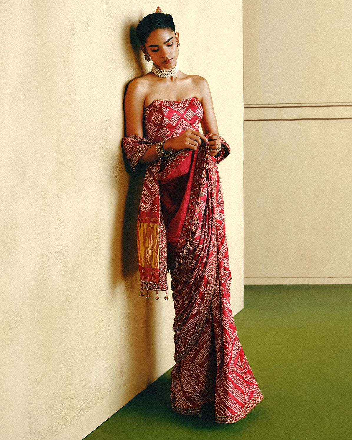 Red Bandhani Corset Sari Set