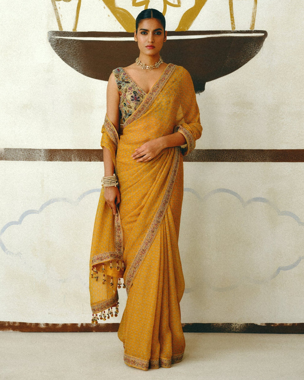 Mustard Kesar Sari Set