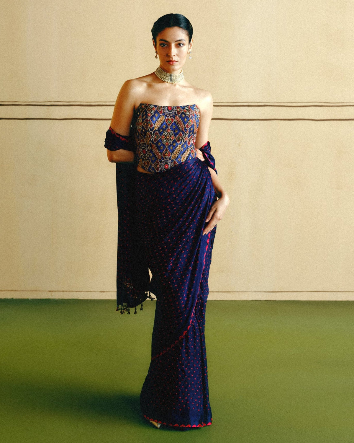 Blue Bandhani Corset Sari Set