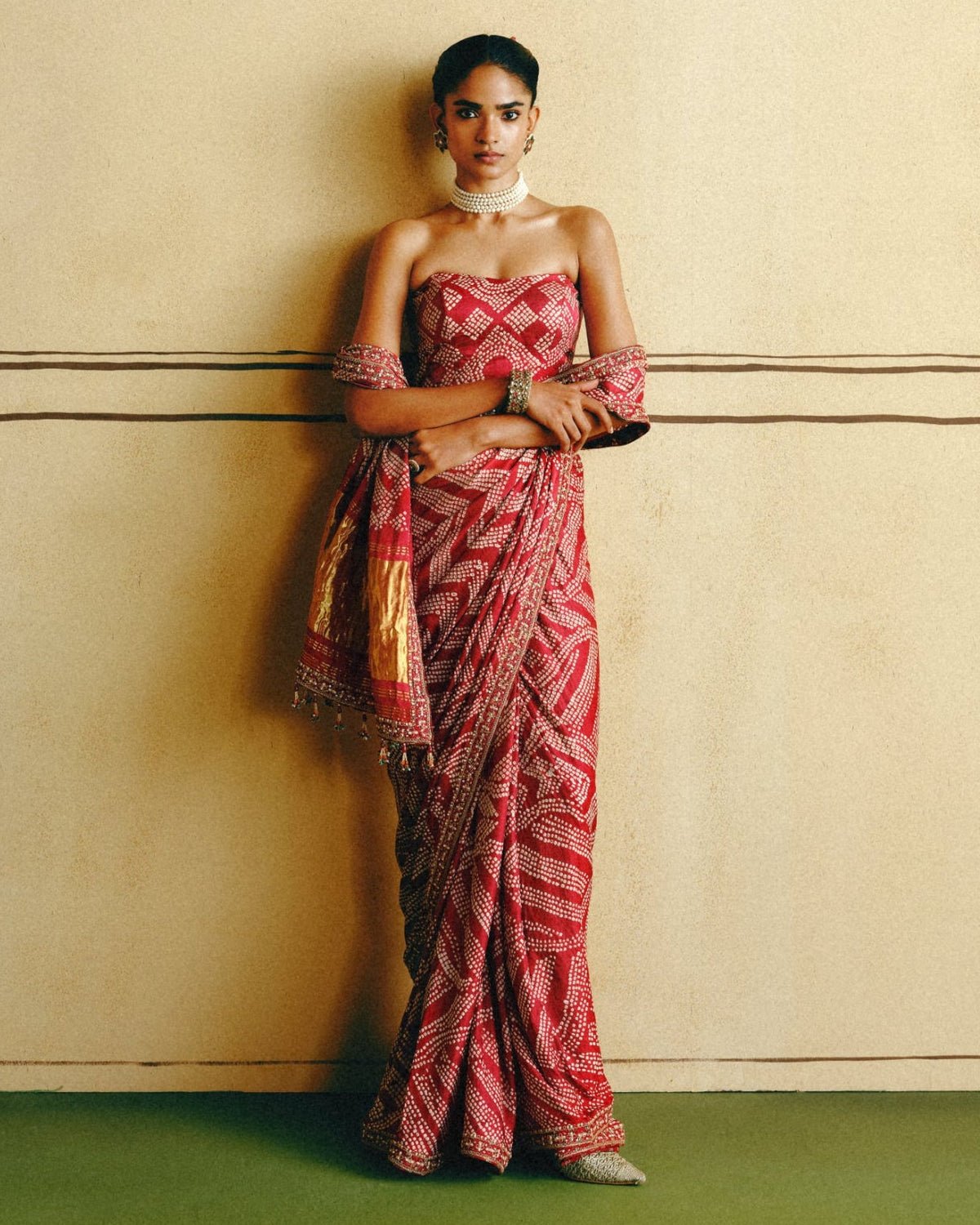 Red Bandhani Corset Sari Set