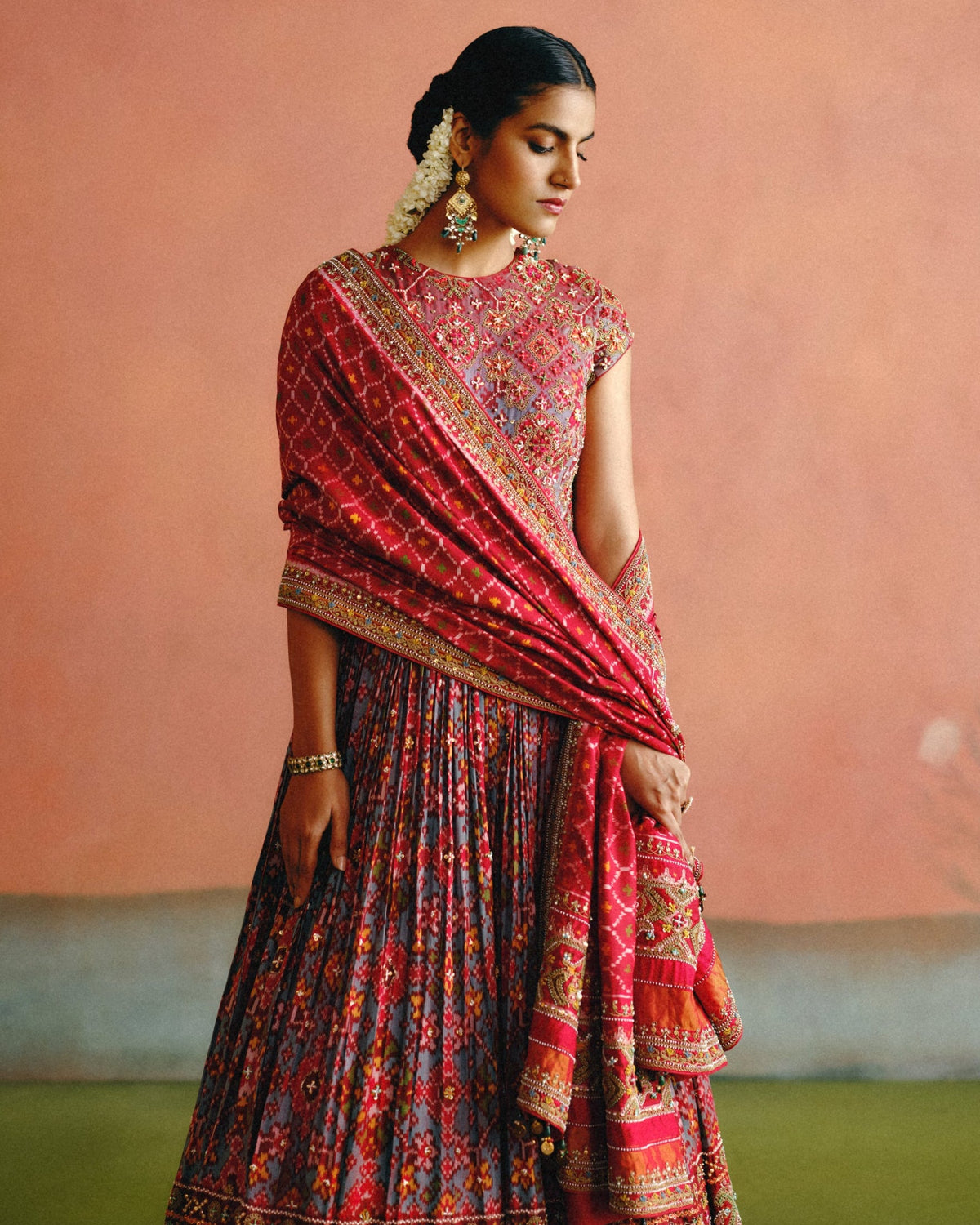 Aqua Blue & Red Patola Anarkali With Dupatta