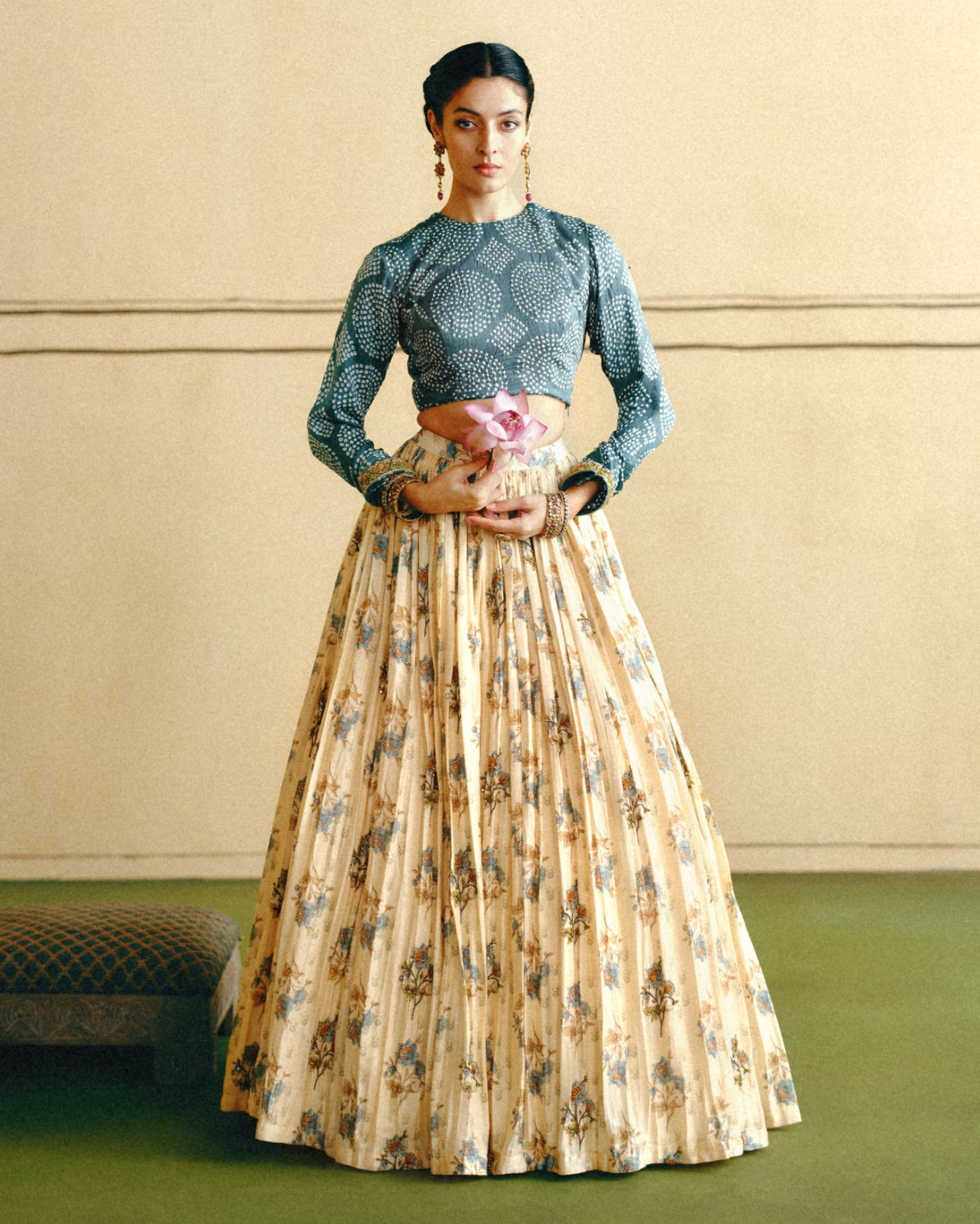 Powder Blue Bandhani Crop Top & Skirt