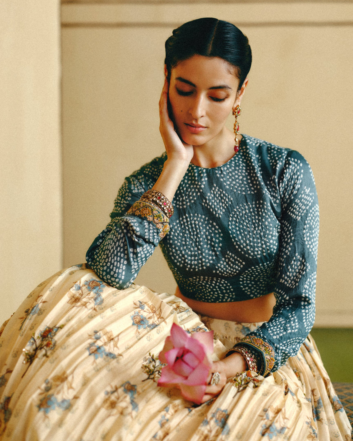 Powder Blue Bandhani Crop Top & Skirt