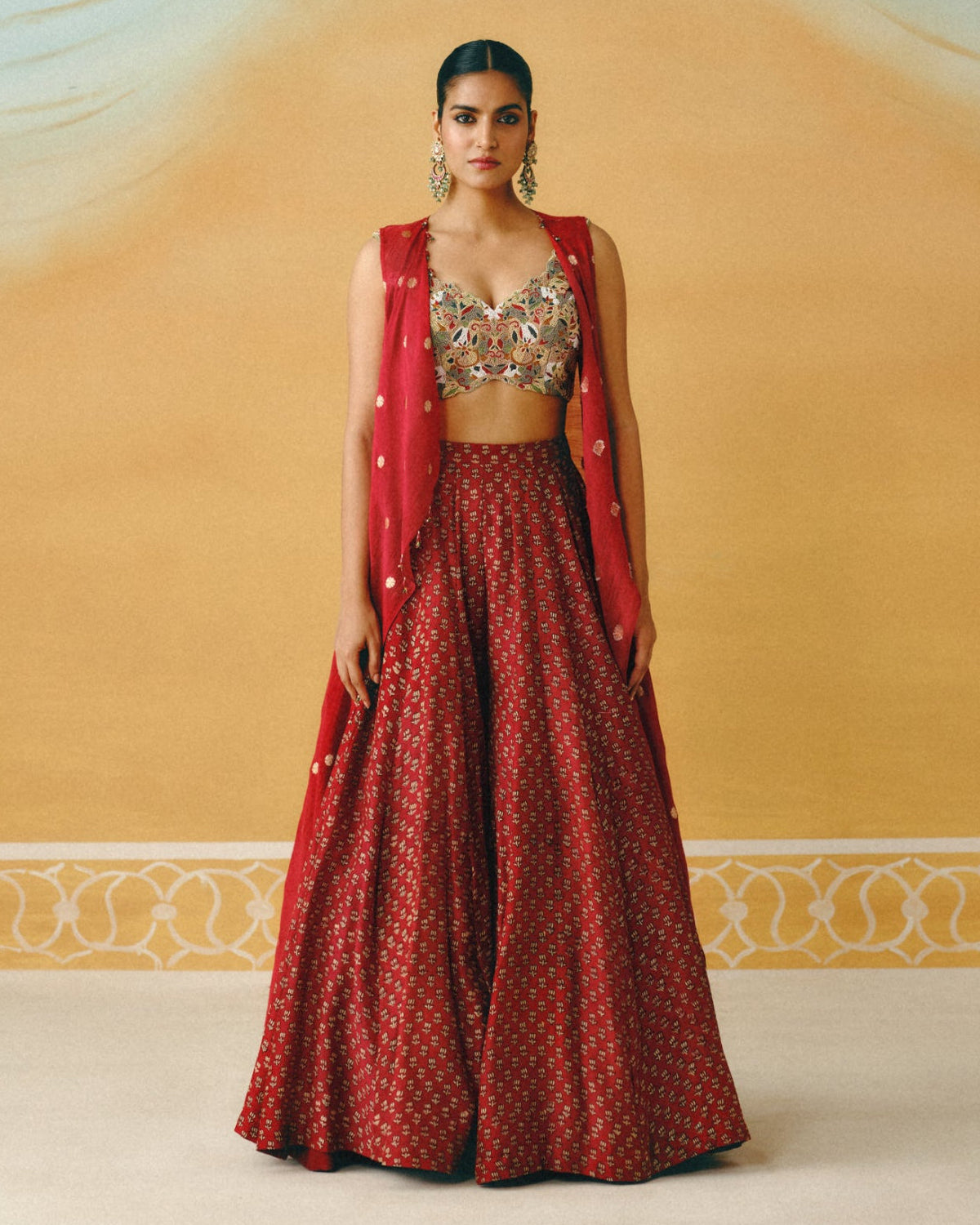Red Ajrakh Cape & Sharara Set