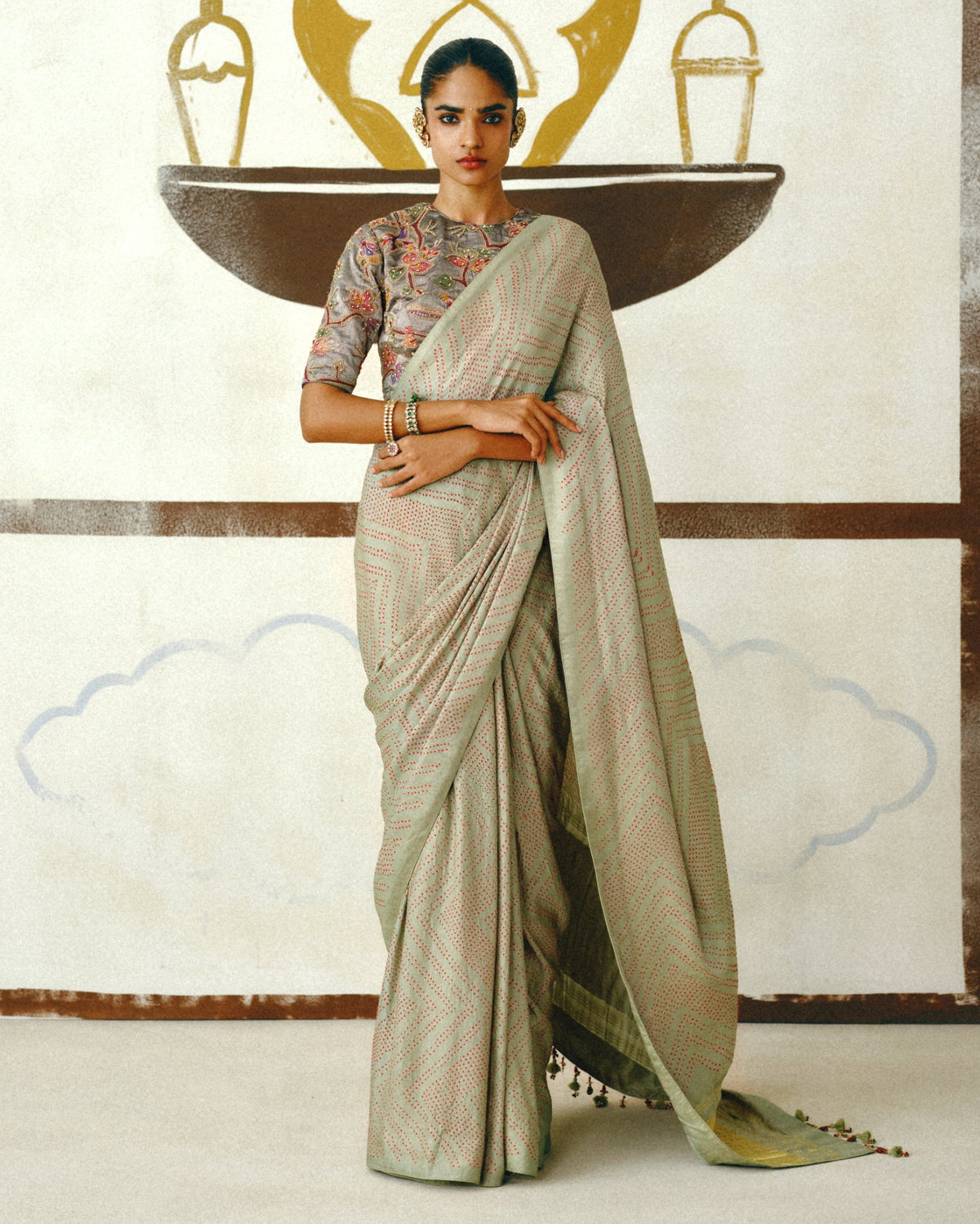 Mint & Tissue Bandhani Sari Set