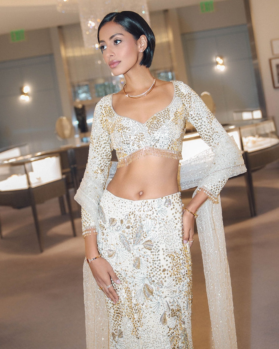 Ivory Georgette Fit And Flare Lehenga Set