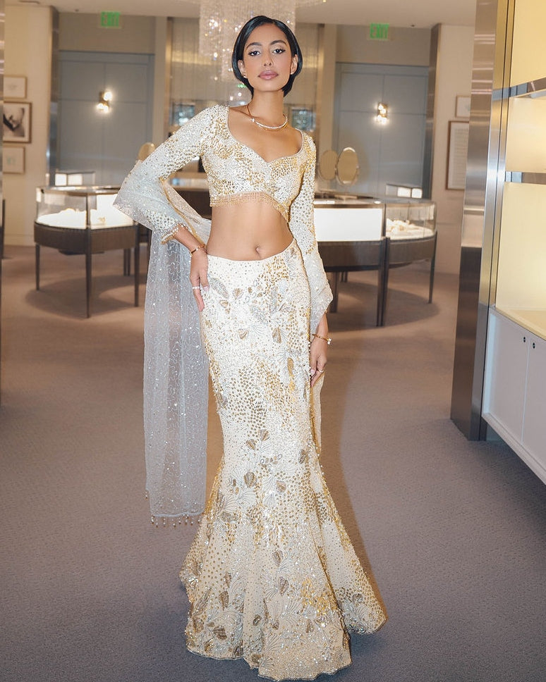 Ivory Georgette Fit And Flare Lehenga Set