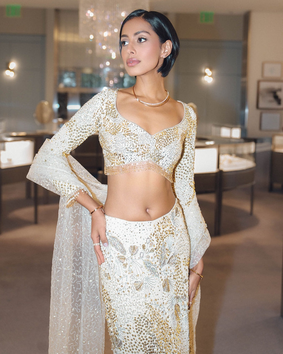 Ivory Georgette Fit And Flare Lehenga Set