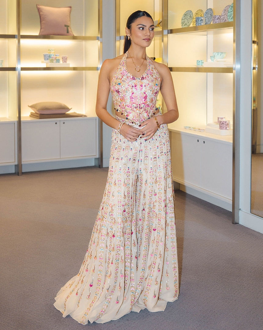 Ivory Embroidered Sharara With Corset