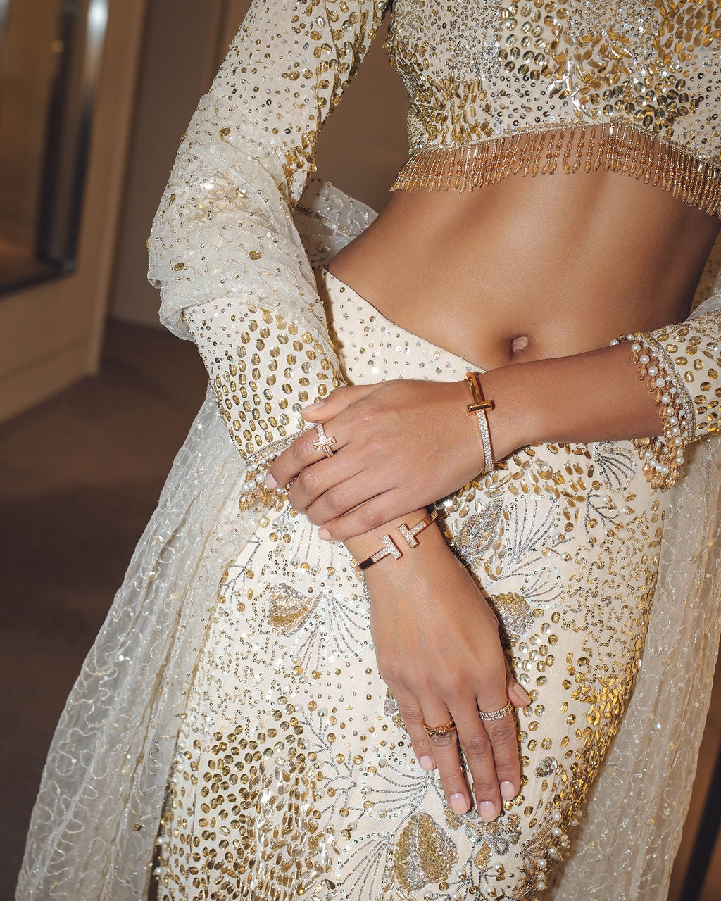 Ivory Georgette Fit And Flare Lehenga Set